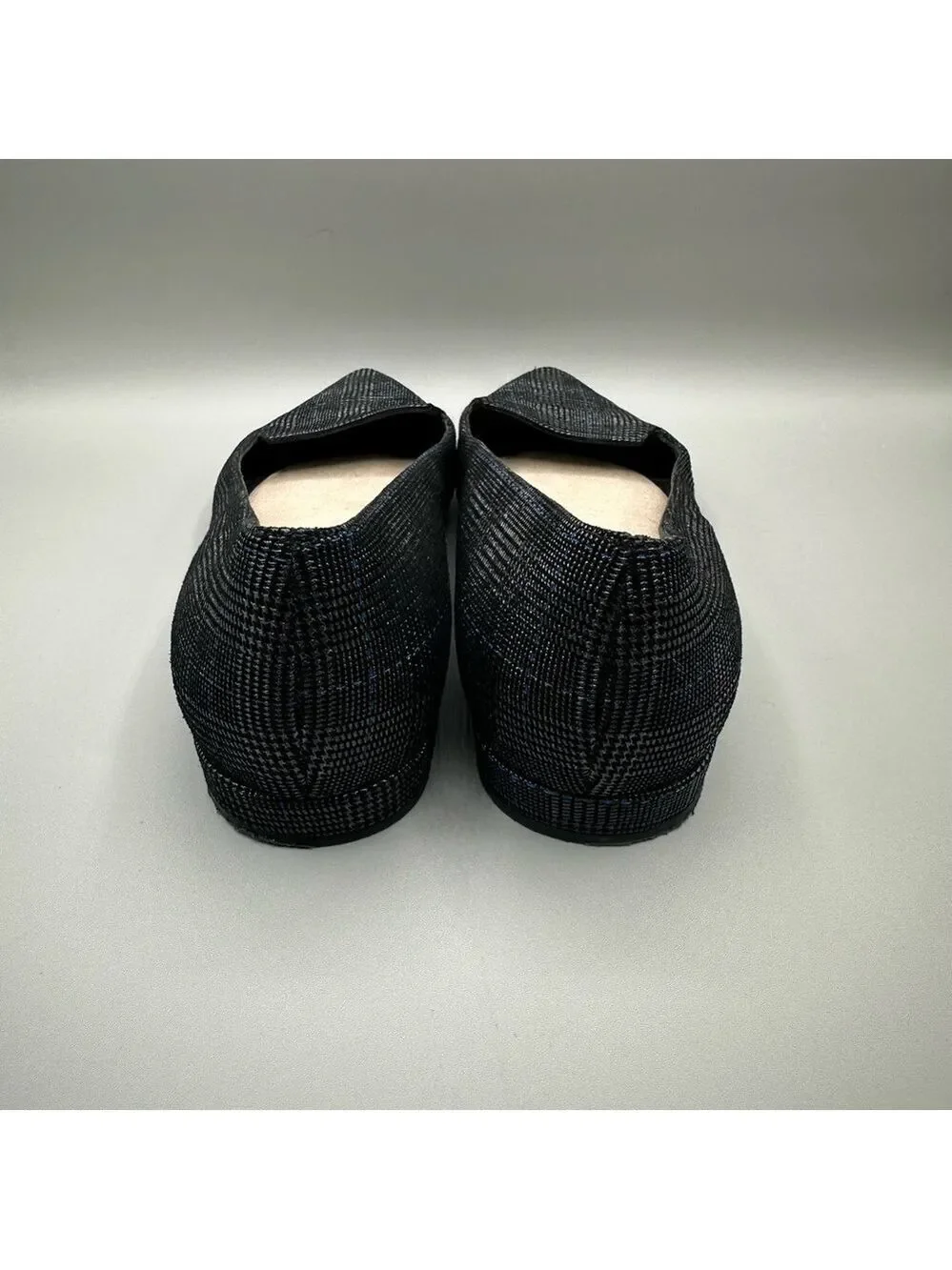 Stuart Weitzman Women Size 7.5 Rialto Plaid Shimmer Flats Gray Black Metallic